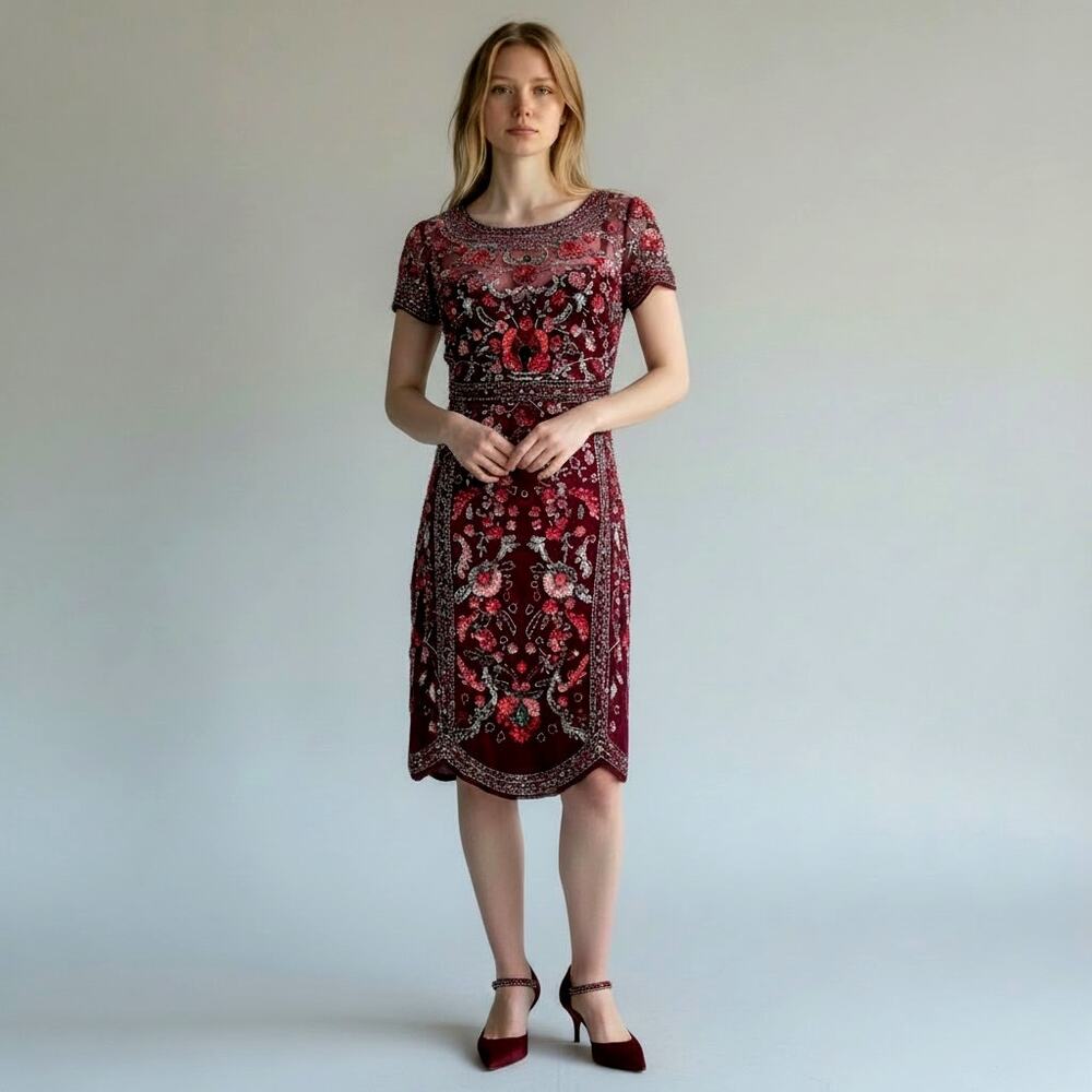 Aidan Mattox Size 2 Burgundy Beaded Sequin Floral Midi Cocktail Dress